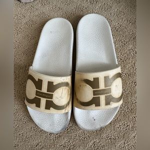 Ferragamo Pool Slides White and Gold